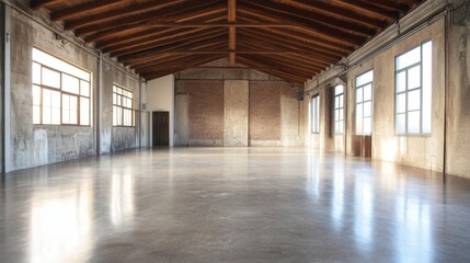 Fototapeta premium Spacious and Bright Industrial Loft with High Ceilings and Large Windows, Perfect for Events, Photoshoots, or Creative Workspaces in Urban Environments