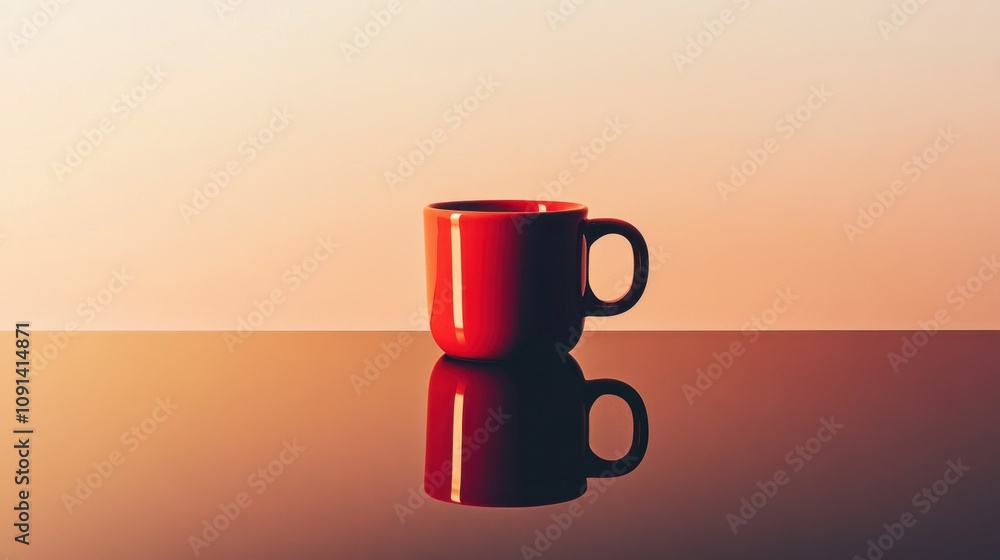 Poster a simple red coffee mug on smooth surface reflecting soft warm light with gentle gradient background
