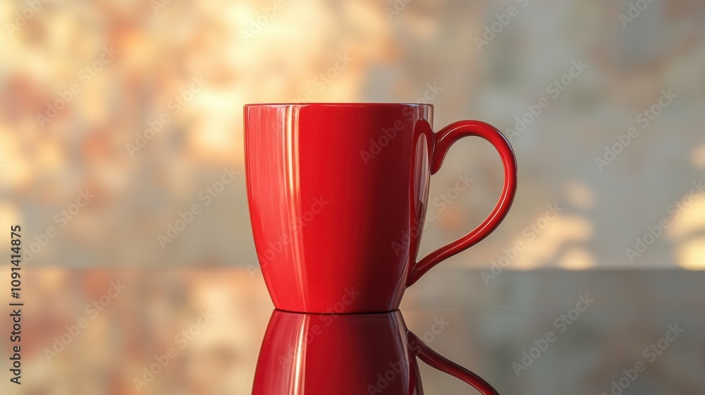 Poster stylish empty mug with smooth surface reflecting soft light on glossy tabletop against blurred backg