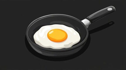 Golden fried egg in a nonstick pan showcasing a vibrant yolk surrounded by fluffy white, set against a sleek black background.