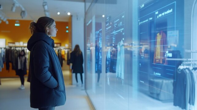 A young woman stands before a large interactive display in a clothing store. The display shows clothing items with digital information overlaid.