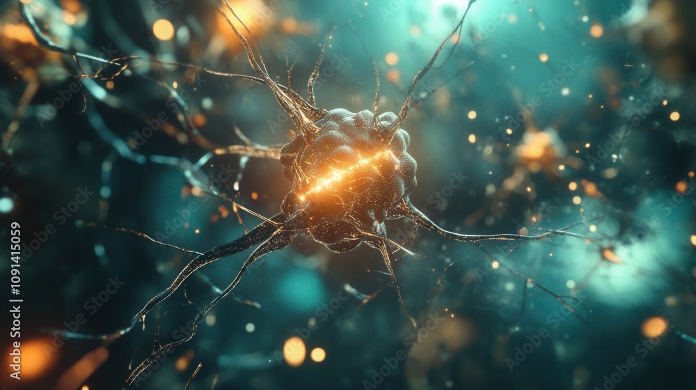 Aufkleber a close-up view of a neuron with glowing connections, illustrating neural activity.