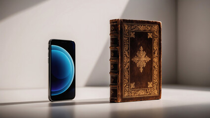 Contrast between modern technology and classic literature displayed on a simple tabletop in natural light