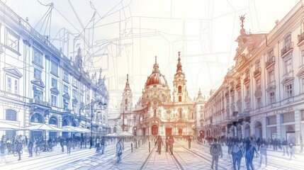 Fototapeta premium European Cityscape, Architectural Sketch, Crowded Street.