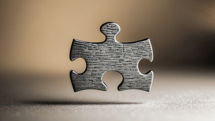 Unique metallic puzzle piece standing alone on a surface with a blurred background