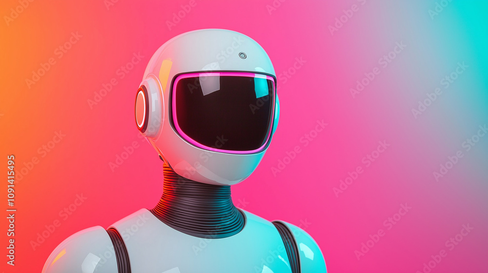 Poster humanoid robot with sleek design and vibrant background colors