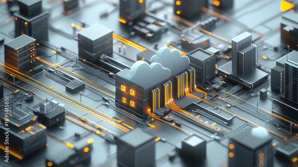 Aufkleber A 3D rendering of a city skyline with tall buildings and wires connecting them, a cloud computing data center is at the heart of the city, with a cloud symbol above.
