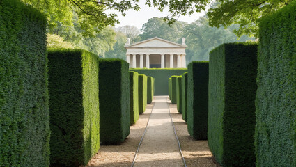 Lush green hedges frame a classical structure in a serene garden during a sunny afternoon