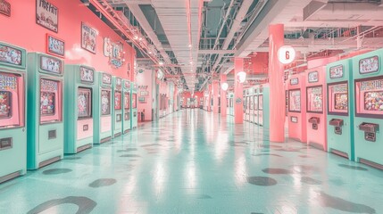 A vibrant arcade filled with vintage-style slot machines and playful decor.