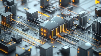 A 3D rendering of a city skyline with tall buildings and wires connecting them, a cloud computing data center is at the heart of the city, with a cloud symbol above.