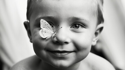 Child with butterfly on face smiles joyfully in black and white setting captured at home during a warm afternoon