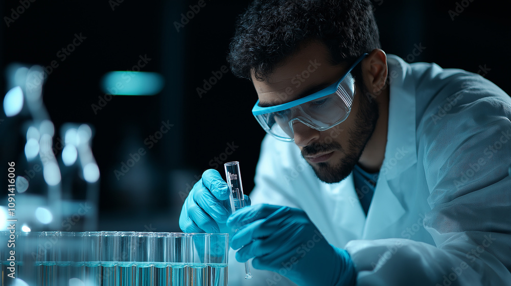 Poster scientist in lab carefully analyzing sample with precision