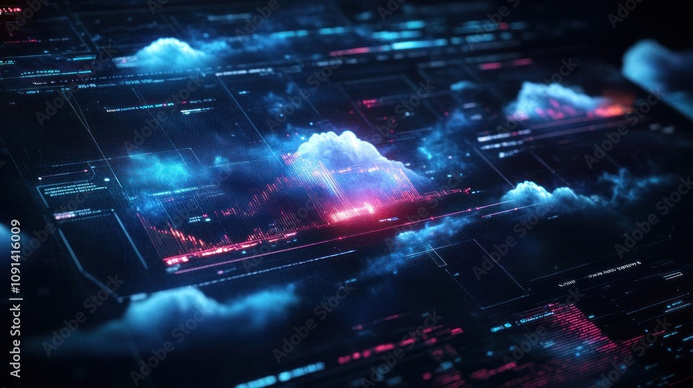 Poster abstract digital landscape with futuristic data visualization and dynamic cloud elements in blue and