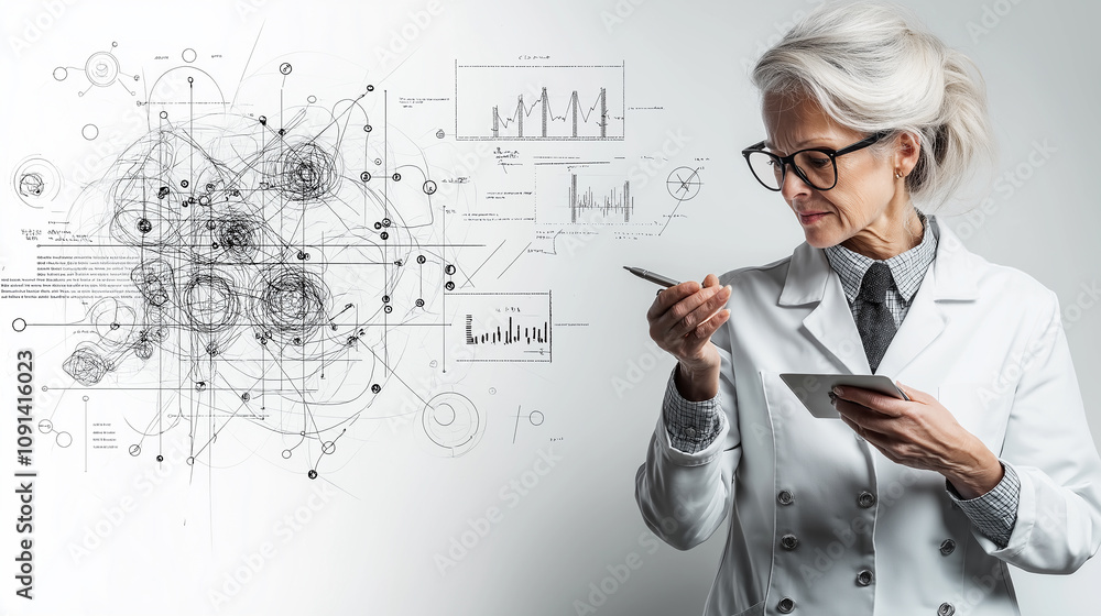 Poster scientist analyzing data from quantum computers with graphs and charts