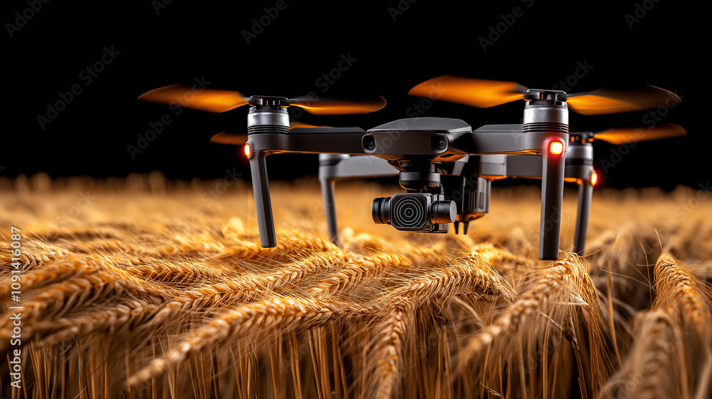 Poster drone capturing images over golden wheat fields, showcasing smart agriculture