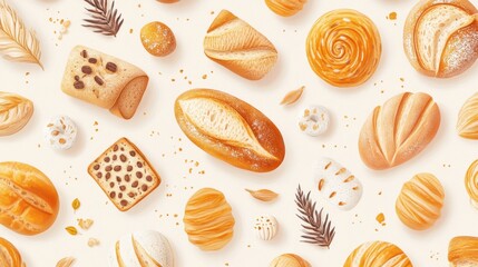 Assorted Breads and Pastries on a Light Background with Delicate Details and Textures Creating a Warm and Inviting Bakery Vibe Perfect for Culinary Themes