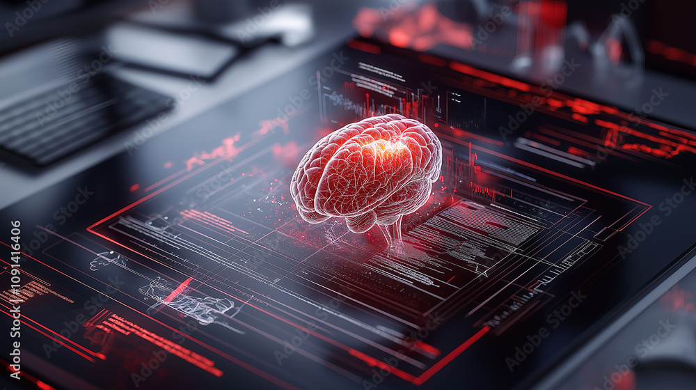 Poster 3D brain model on digital interface showcasing AI technology and data analysis