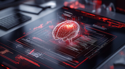3D brain model on digital interface showcasing AI technology and data analysis