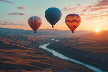 Obraz premium A serene scene of three colorful hot air balloons soaring above a winding river and rolling hills during sunrise. 