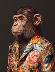 A stylish monkey in a floral suit exuding charisma and charm, bringing a playful twist to fashion.