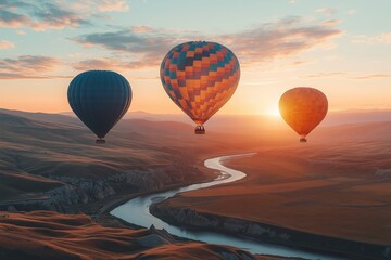 Obraz premium A serene scene of three colorful hot air balloons soaring above a winding river and rolling hills during sunrise. 