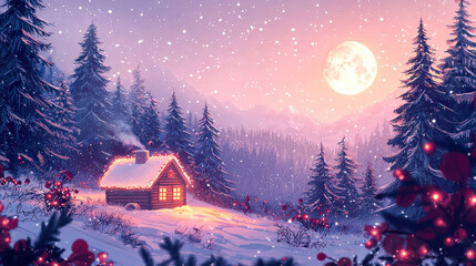 A cozy winter scene of a snow-covered cabin in a forest, surrounded by fir trees wrapped in string lights. The pink and purple sky, falling snowflakes, and glowing full moon create a magical atmospher