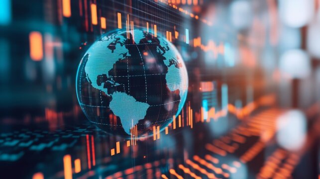 A glowing globe is surrounded by cascading lines and numbers, depicting financial data and market trends. - Powered by Adobe
