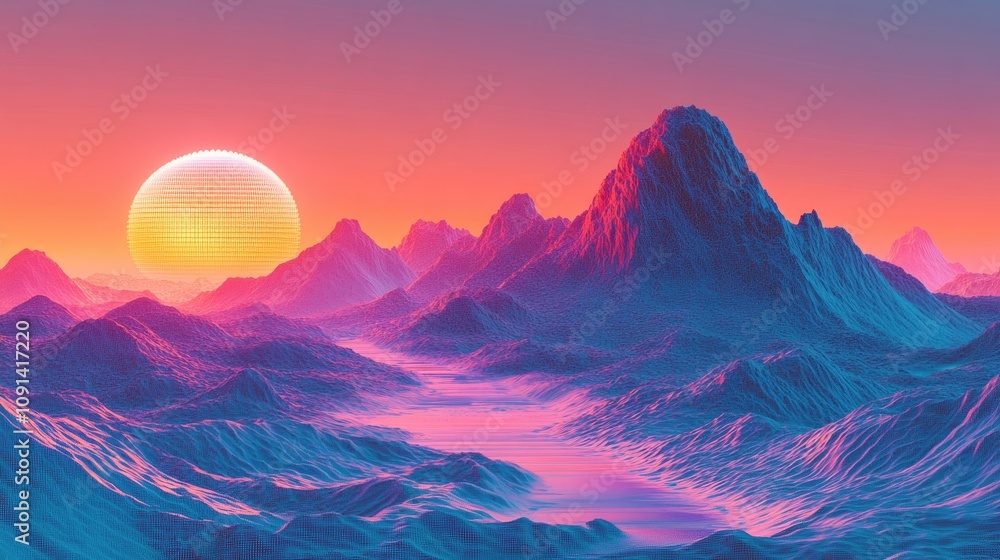 Poster vibrant retro landscape featuring holographic mountains and a glowing sunset with digital fragmentat