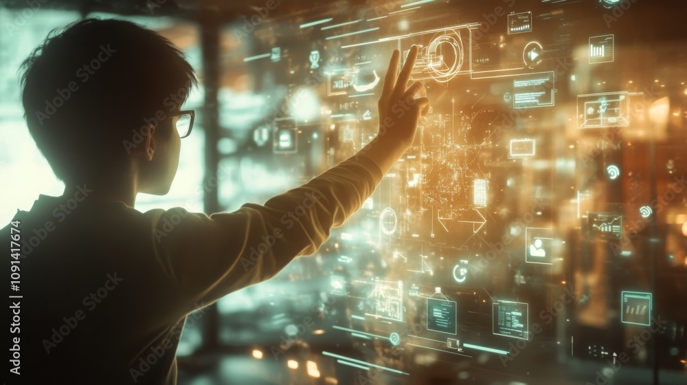 Poster A young boy stands in front of an interactive digital display, using his hand to engage with virtual elements. The setting is illuminated with warm colors, creating a futuristic atmosphere.