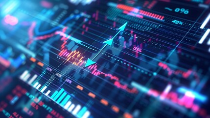 Obraz premium Professional displaying an upward arrow and percentage, amidst futuristic financial graphics