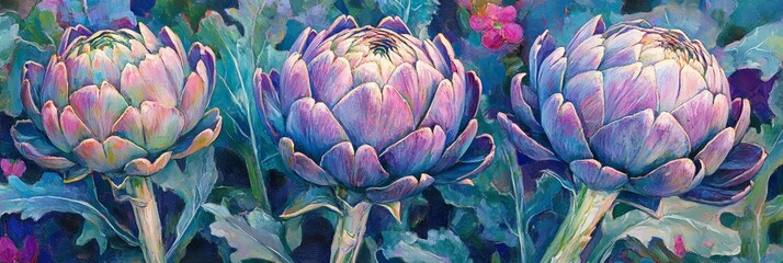 Obraz premium Vibrant Globe Artichoke Trio in Bloom - Three majestic globe artichokes in full bloom, showcasing vibrant purple, pink, and teal hues. Symbolizing growth, beauty, nature, abundance, and resilience.