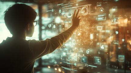 A young boy stands in front of an interactive digital display, using his hand to engage with virtual elements. The setting is illuminated with warm colors, creating a futuristic atmosphere.