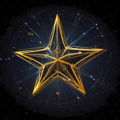 A bright golden stars, surrounded by other smaller, fainter stars on black background