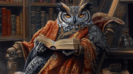 Obraz premium Majestic Owl in Regal Robes Reading a Book in a Luxurious Library Setting with Intricate Details and Warm, Rich Colors Reflecting Wisdom and Knowledge