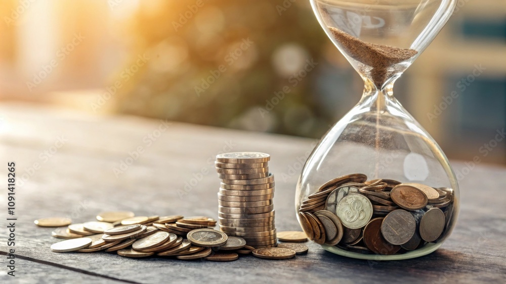 Poster a transparent hourglass filled with coins on one side gradually pouring into a larger pile on the ot