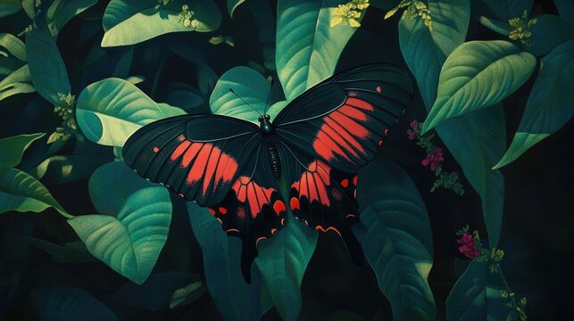Vibrant Butterfly Perched on Lush Green Leaf Capturing Parides eurimedes and Mylotes cattleheart Species Amidst Rich Foliage and Delicate Floral Accents