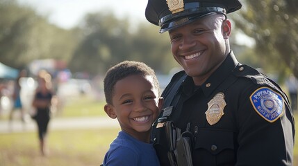 Fototapeta premium Joyful Interaction Between Police Officer and Young Boy at Community Event, Showcasing Trust and Positive Relationships in Law Enforcement