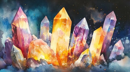 Vibrant hand-painted watercolor illustration of radiant crystals in various hues, ideal for enhancing creative design projects.