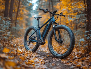 Fototapeta premium Mountain biking adventure autumn forest trail outdoor sports photography vibrant nature close-up view thrilling experience