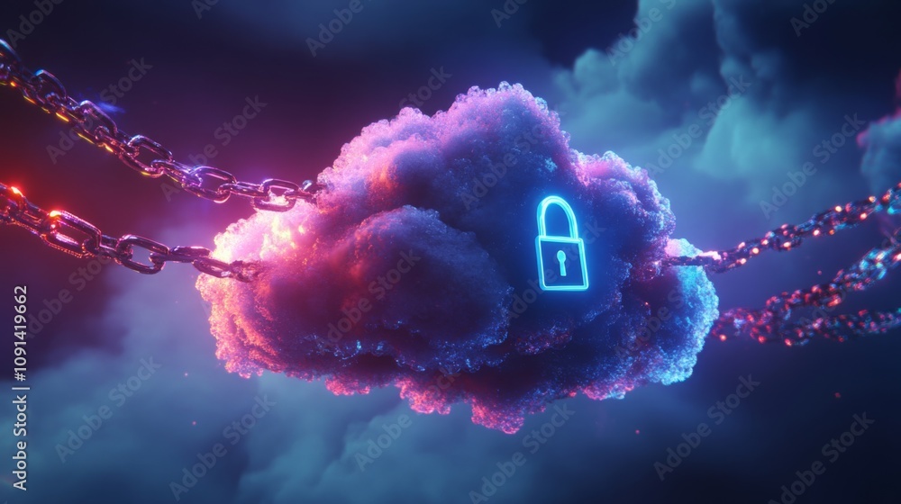 Aufkleber a vibrant cloud illuminated with neon colors features a locked padlock symbol. surrounding the cloud