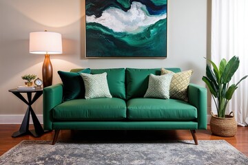 Chic Three-Dimensional Green Loveseat with Accent Pillow and Table Lamp for Contemporary Home Decor