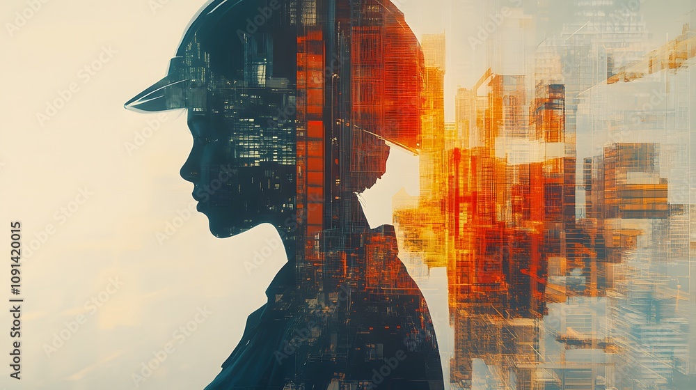 Poster silhouette of a female engineer against a futuristic cityscape, merging technology and innovation, s