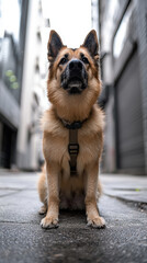 focused dog wearing harness sits alert in urban setting