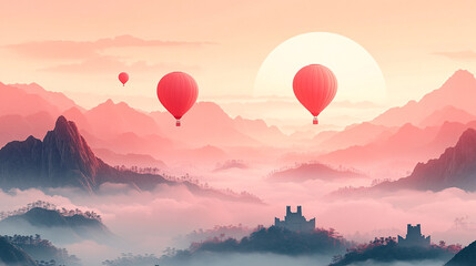 Obraz premium Illustrative hot air balloons in a pastel sky over serene mountains, ideal for New Year celebrations, carnivals, and artful designs in various festive contexts.