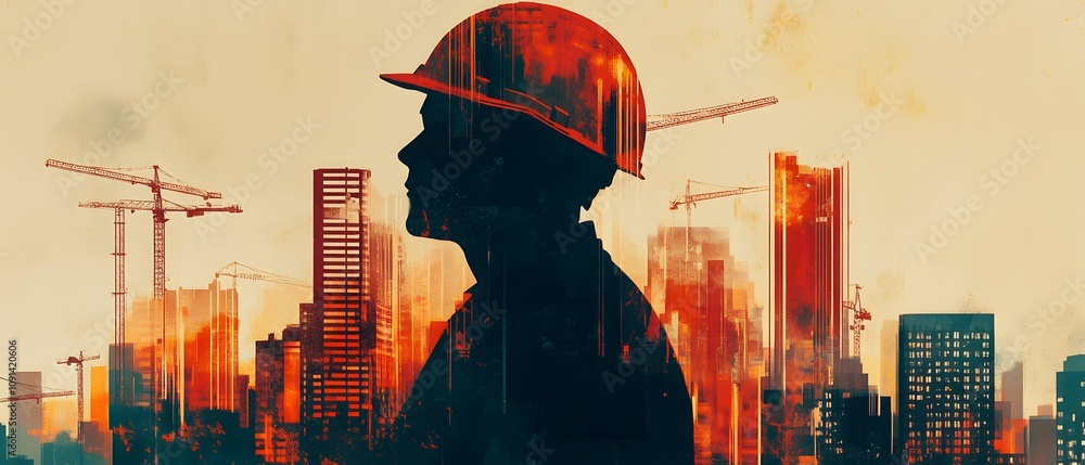 Poster silhouette of construction worker in hard hat against urban cityscape with cranes and buildings in b