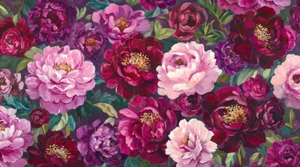 Vibrant floral backdrop showcasing a rich array of magenta pink and burgundy peony flowers, perfect for festive and luxurious celebration themes.