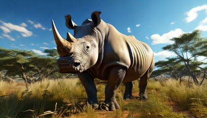 Fototapeta premium a rhinoceros standing in the wild with trees and blue sky.