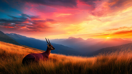 Fototapeta premium A Serene Saola Grazing on Grassy Meadows at Dusk with a Stunning Mountain Background