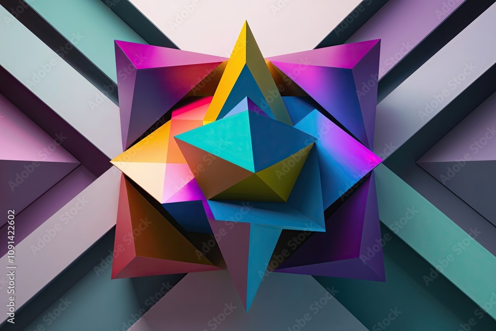 Poster vibrant 3d composite render of innovative geometric elements with color-shift effects