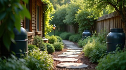 Fototapeta premium Tranquil Stone Pathway Garden with Rain Barrels and Solar Lights